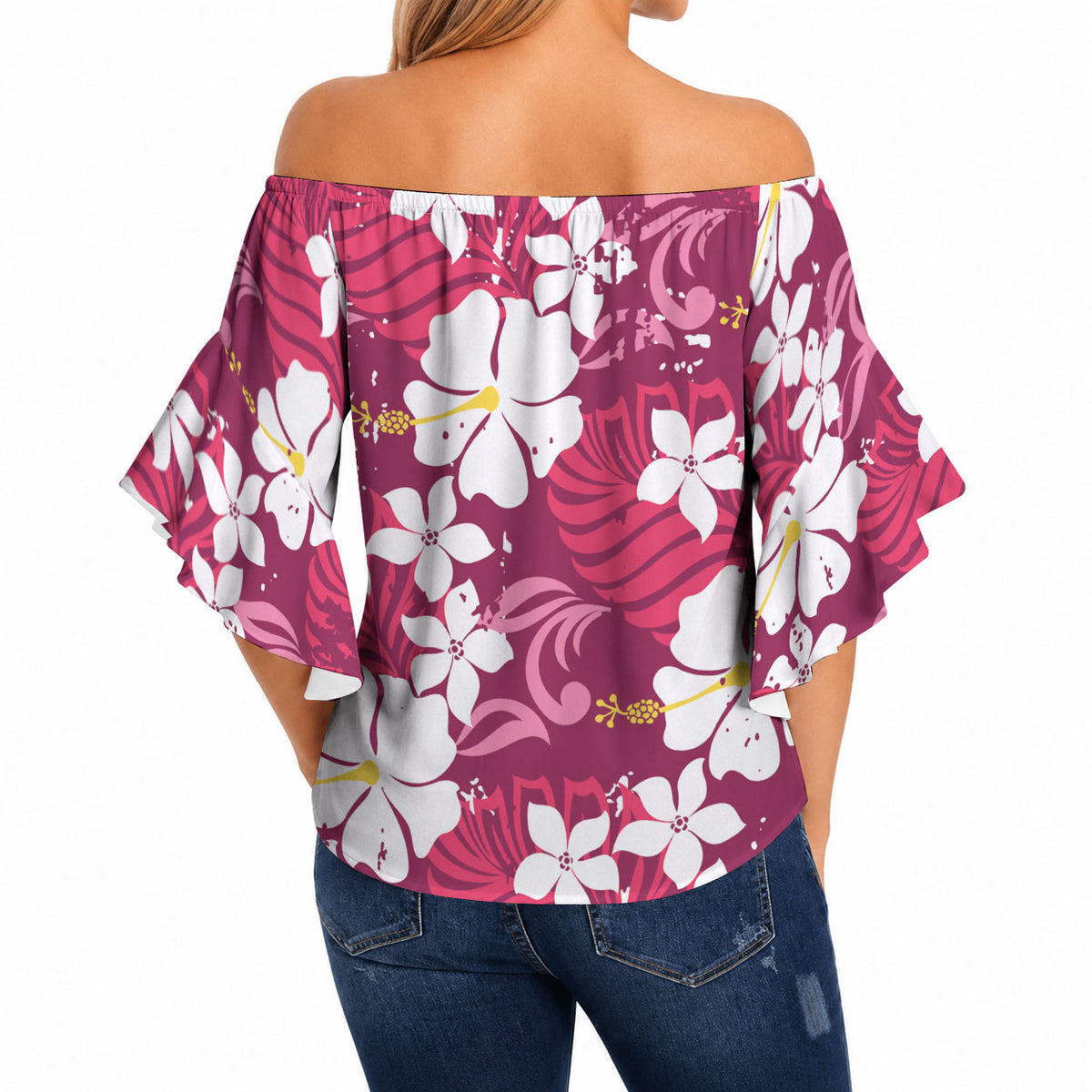 Pink Hawaiian Hibiscus Monstera Off Shoulder Wrap Waist Top Grunge Stylized LT01 - Polynesian Pride