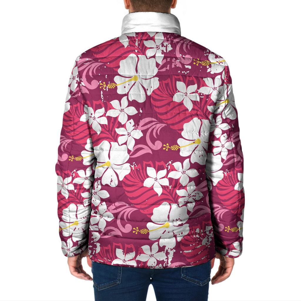 Pink Hawaiian Hibiscus Monstera Padded Jacket Grunge Stylized LT01 - Polynesian Pride
