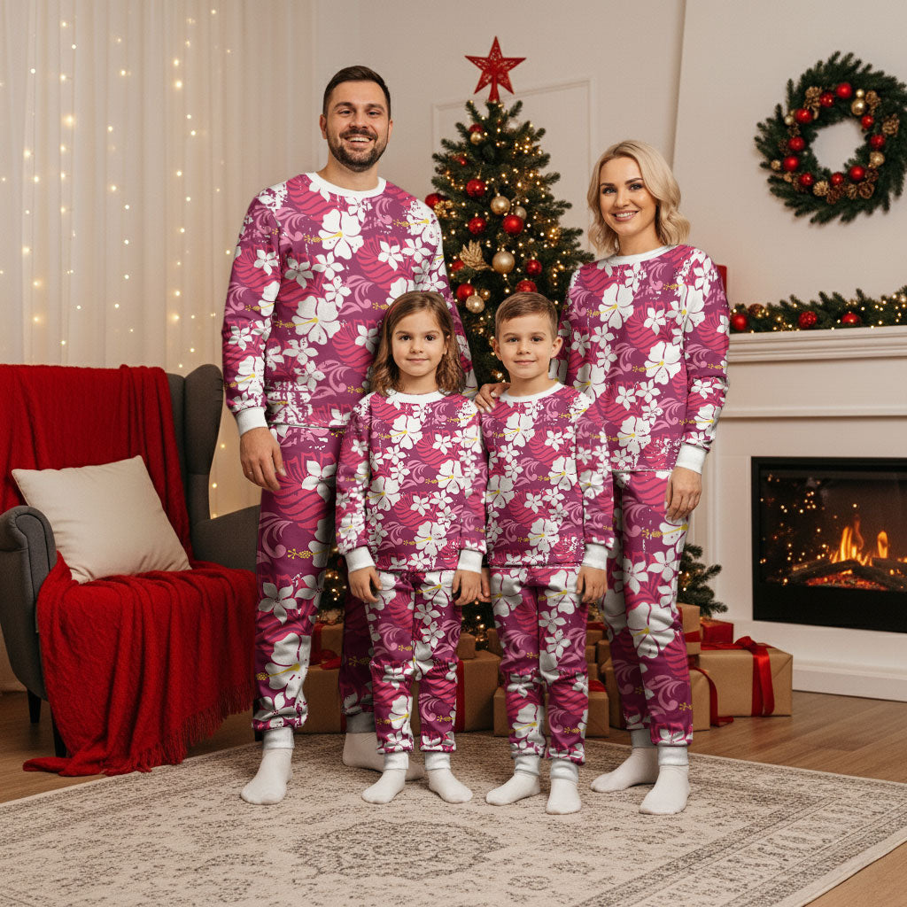 Pink Hawaiian Hibiscus Monstera Christmas Pajama Set Grunge Stylized