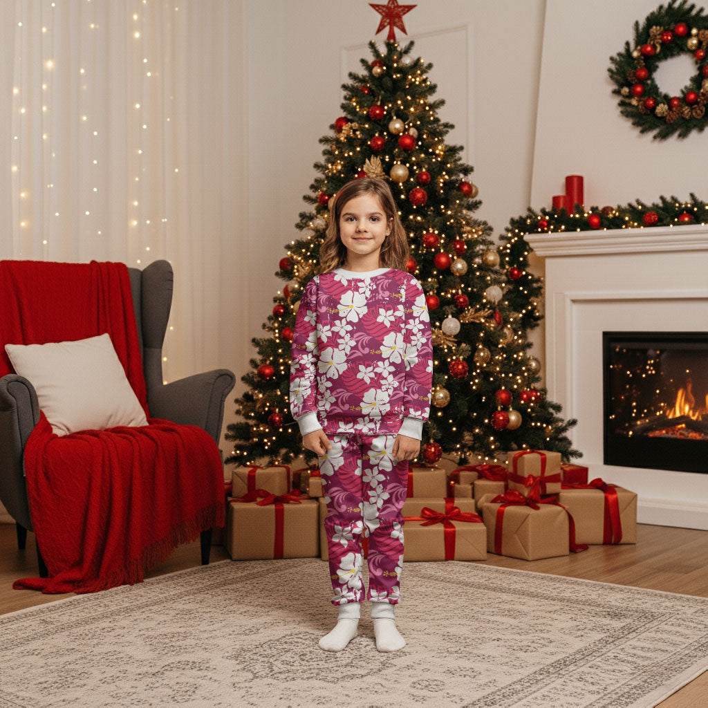 Pink Hawaiian Hibiscus Monstera Christmas Pajama Set Grunge Stylized
