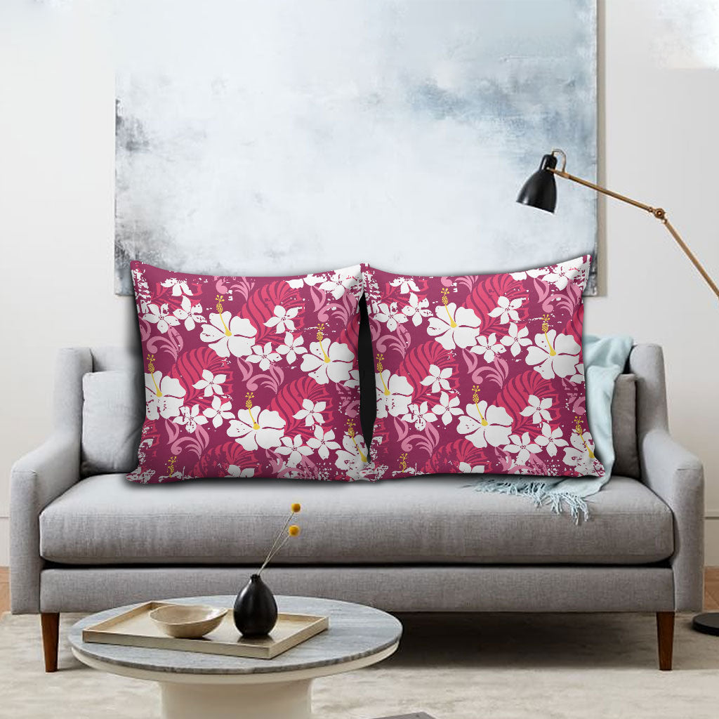 Pink Hawaiian Hibiscus Monstera Pillow Cover Grunge Stylized LT01 - Polynesian Pride