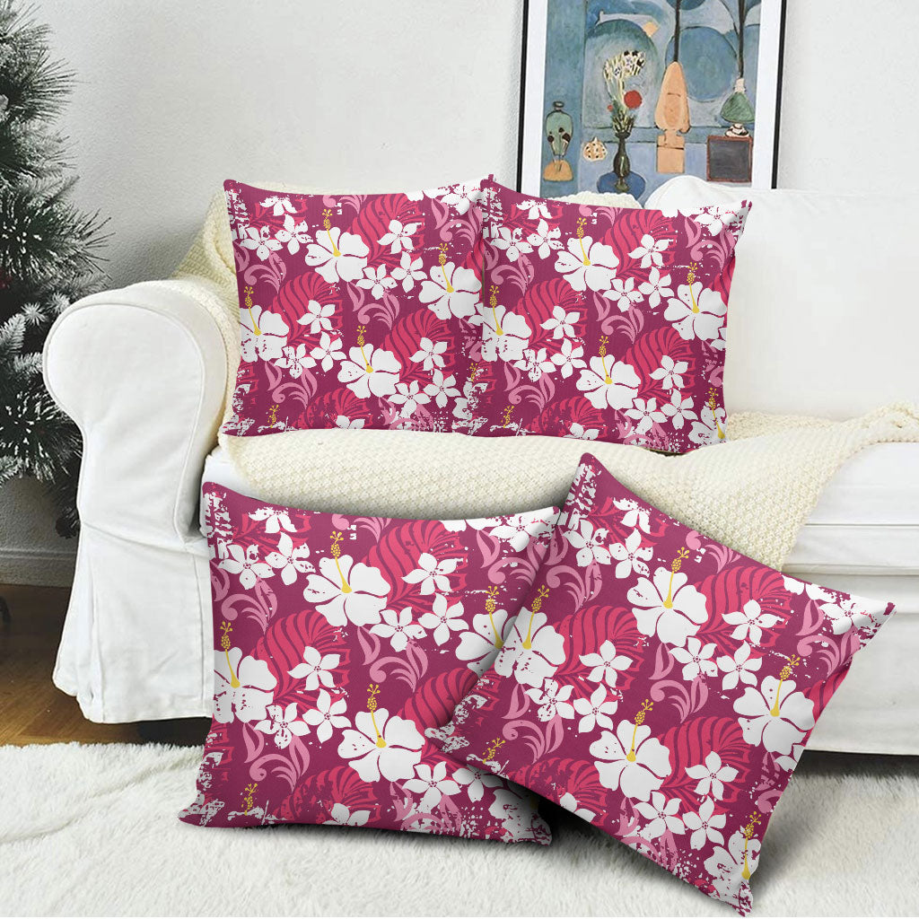 Pink Hawaiian Hibiscus Monstera Pillow Cover Grunge Stylized LT01 - Polynesian Pride