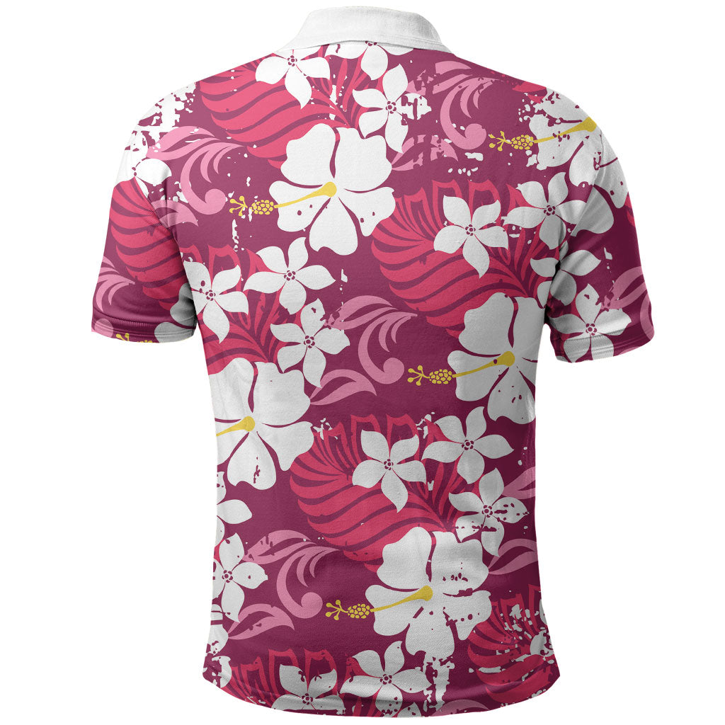 Pink Hawaiian Hibiscus Monstera Polo Shirt Grunge Stylized LT01 - Polynesian Pride