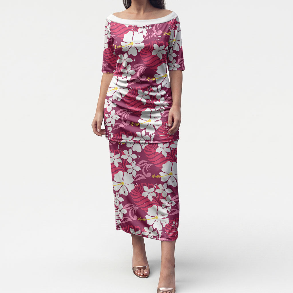 Pink Hawaiian Hibiscus Monstera Puletasi Grunge Stylized LT01 Long Dress Pink - Polynesian Pride
