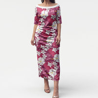 Pink Hawaiian Hibiscus Monstera Puletasi Grunge Stylized LT01 Long Dress Pink - Polynesian Pride