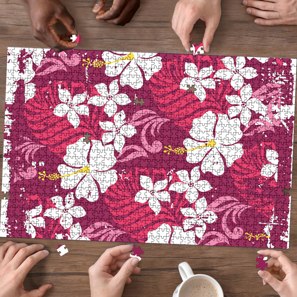 Pink Hawaiian Hibiscus Monstera Puzzle Grunge Stylized LT01 - Polynesian Pride