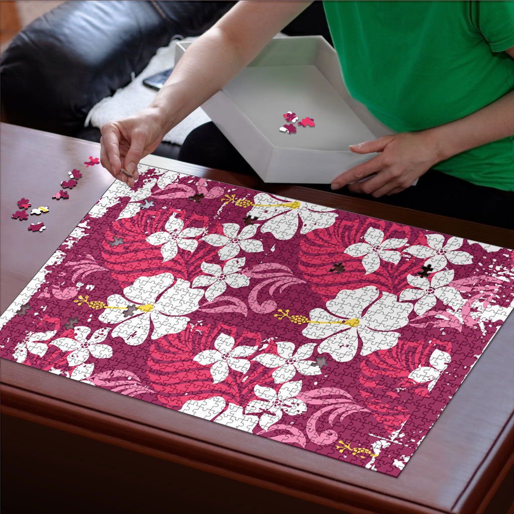 Pink Hawaiian Hibiscus Monstera Puzzle Grunge Stylized LT01 - Polynesian Pride
