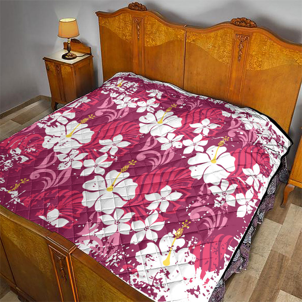 Pink Hawaiian Hibiscus Monstera Quilt Grunge Stylized