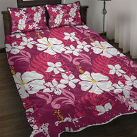 Pink Hawaiian Hibiscus Monstera Quilt Bed Set Grunge Stylized