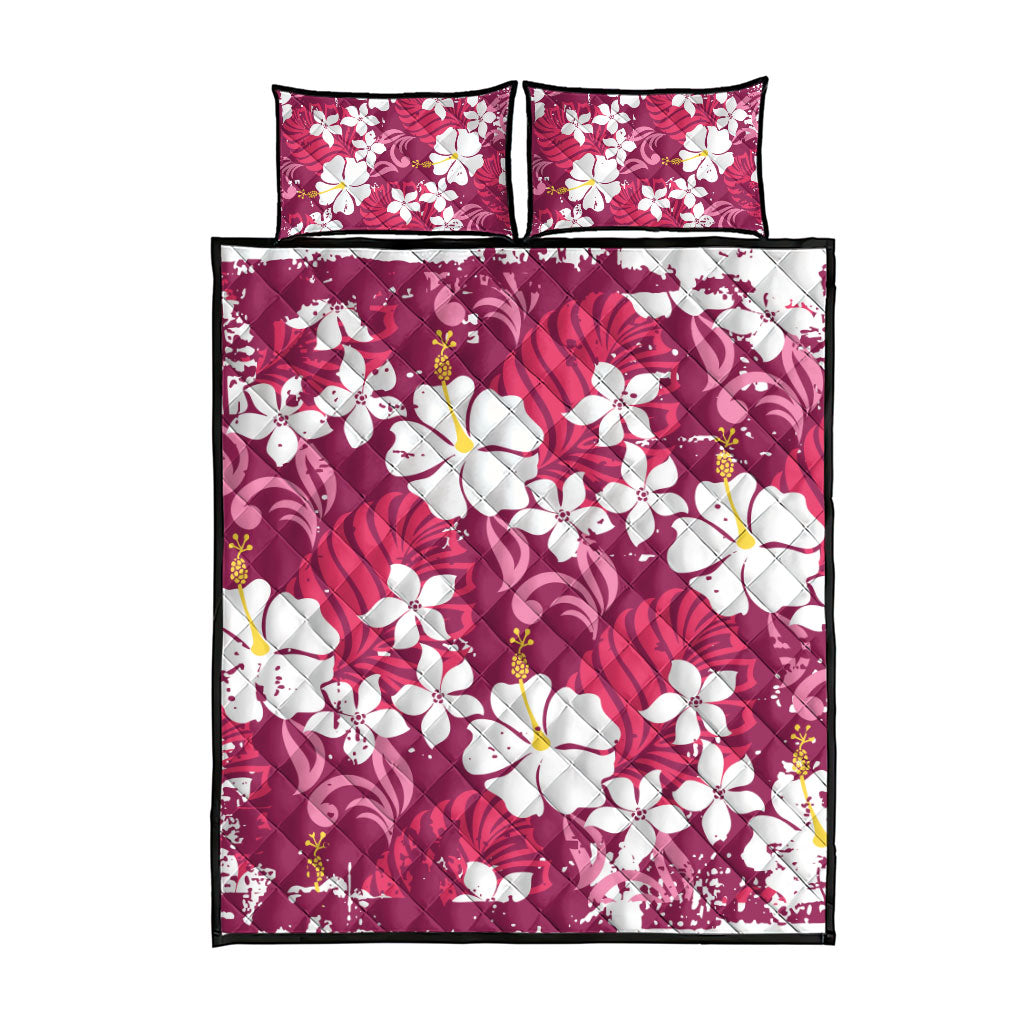 Pink Hawaiian Hibiscus Monstera Quilt Bed Set Grunge Stylized