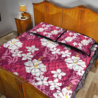 Pink Hawaiian Hibiscus Monstera Quilt Bed Set Grunge Stylized