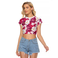 Pink Hawaiian Hibiscus Monstera Raglan Cropped T Shirt Grunge Stylized LT01 Female Pink - Polynesian Pride