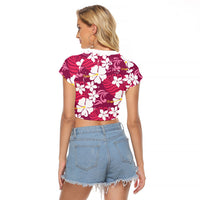 Pink Hawaiian Hibiscus Monstera Raglan Cropped T Shirt Grunge Stylized LT01 - Polynesian Pride