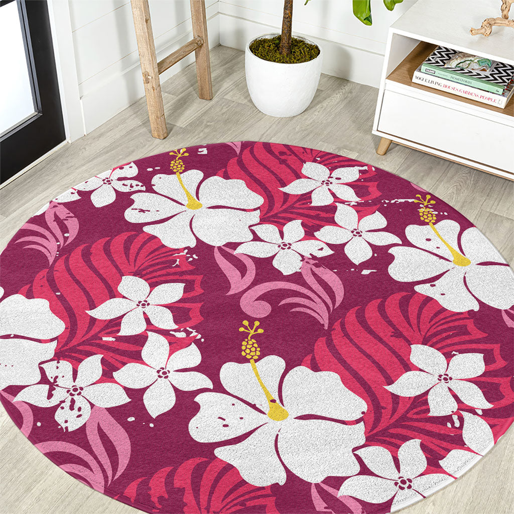 Pink Hawaiian Hibiscus Monstera Round Carpet Grunge Stylized
