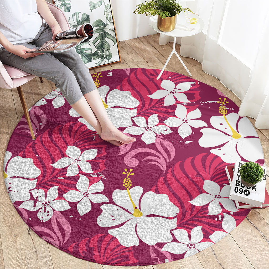 Pink Hawaiian Hibiscus Monstera Round Carpet Grunge Stylized