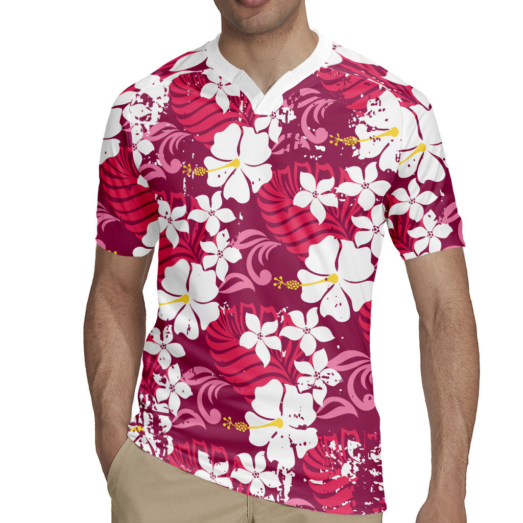 Pink Hawaiian Hibiscus Monstera Rugby Jersey Grunge Stylized LT01 - Polynesian Pride
