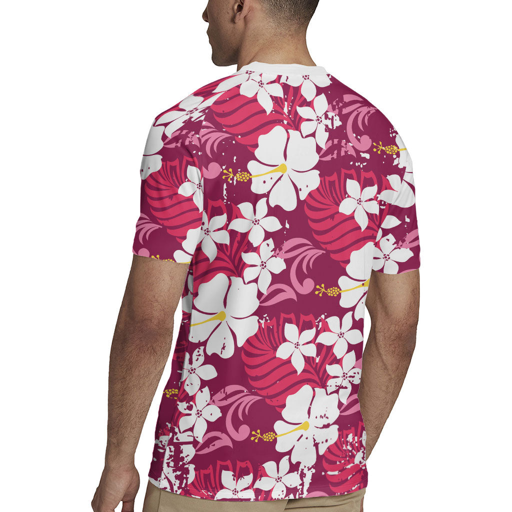 Pink Hawaiian Hibiscus Monstera Rugby Jersey Grunge Stylized LT01 - Polynesian Pride