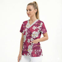 Pink Hawaiian Hibiscus Monstera Scrub Top Grunge Stylized LT01 - Polynesian Pride