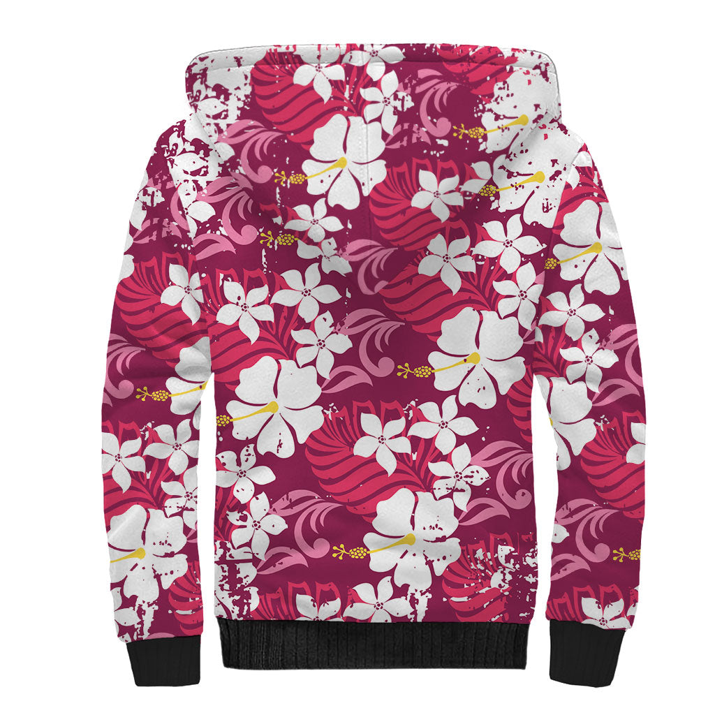 Pink Hawaiian Hibiscus Monstera Sherpa Hoodie Grunge Stylized LT01 - Polynesian Pride