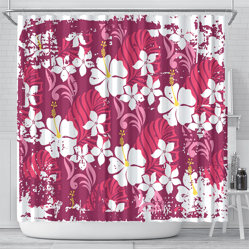 Pink Hawaiian Hibiscus Monstera Shower Curtain Grunge Stylized LT01 - Polynesian Pride