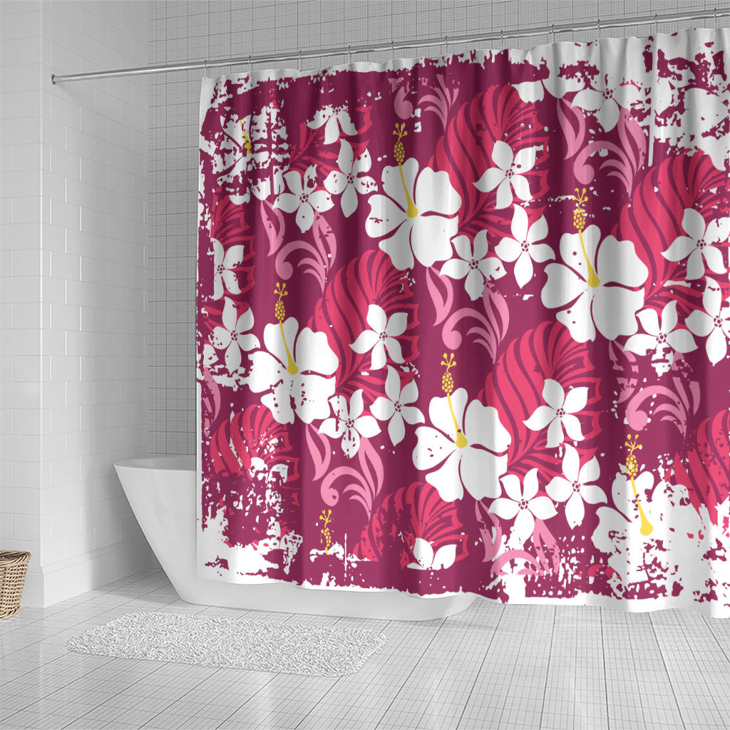 Pink Hawaiian Hibiscus Monstera Shower Curtain Grunge Stylized LT01 - Polynesian Pride