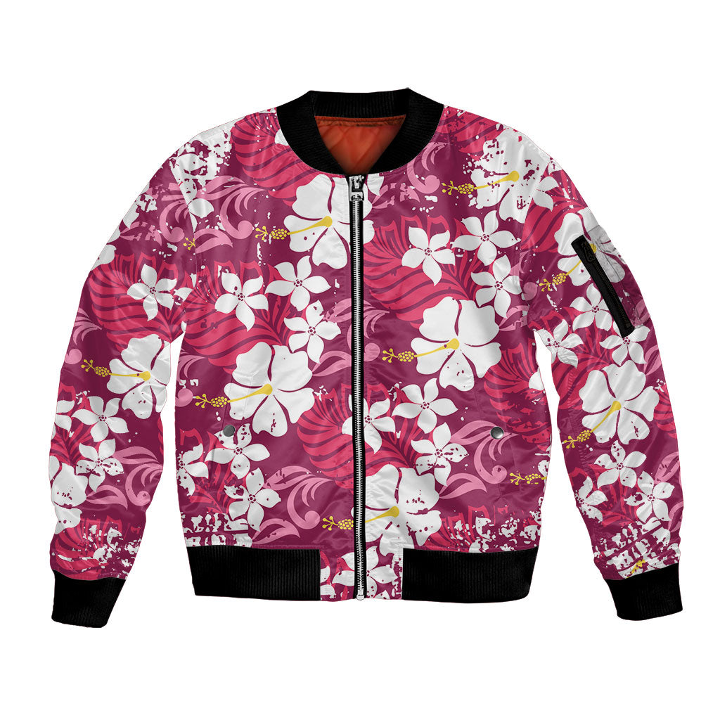 Pink Hawaiian Hibiscus Monstera Sleeve Zip Bomber Jacket Grunge Stylized LT01 Unisex Pink - Polynesian Pride