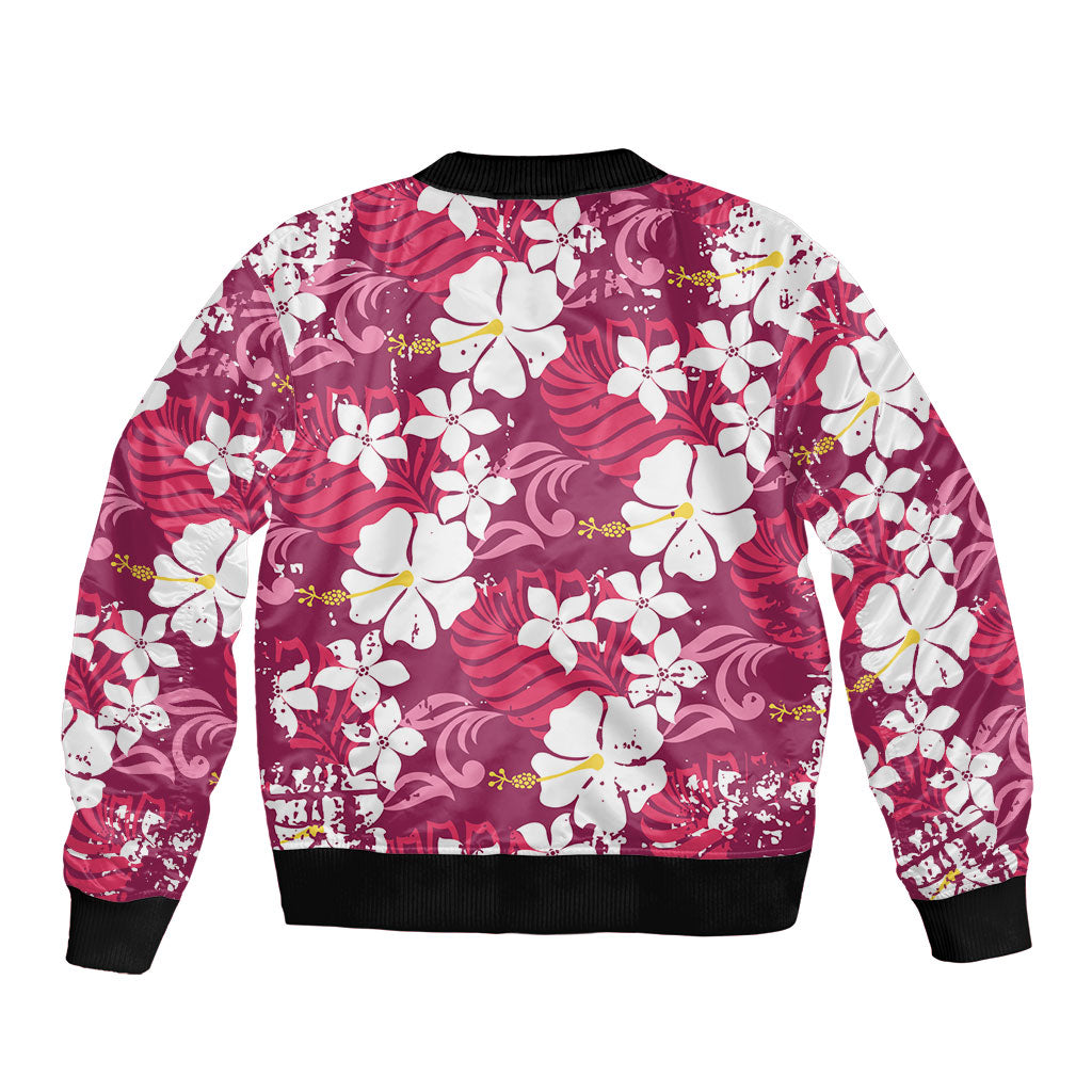 Pink Hawaiian Hibiscus Monstera Sleeve Zip Bomber Jacket Grunge Stylized LT01 - Polynesian Pride