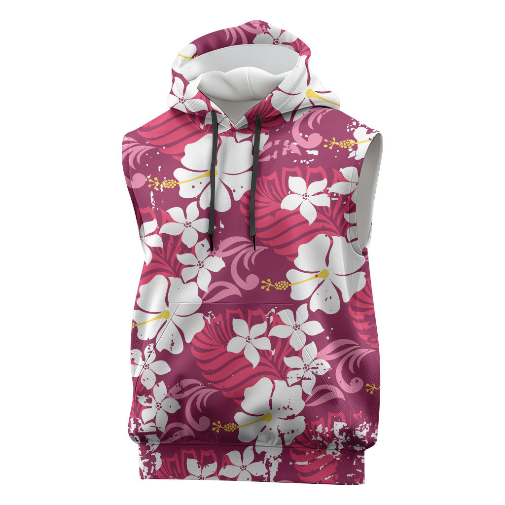 Pink Hawaiian Hibiscus Monstera Sleeveless Hoodie Grunge Stylized LT01 Pink - Polynesian Pride
