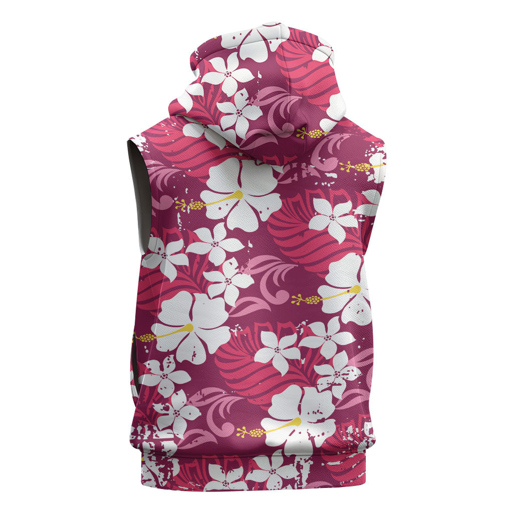 Pink Hawaiian Hibiscus Monstera Sleeveless Hoodie Grunge Stylized LT01 - Polynesian Pride