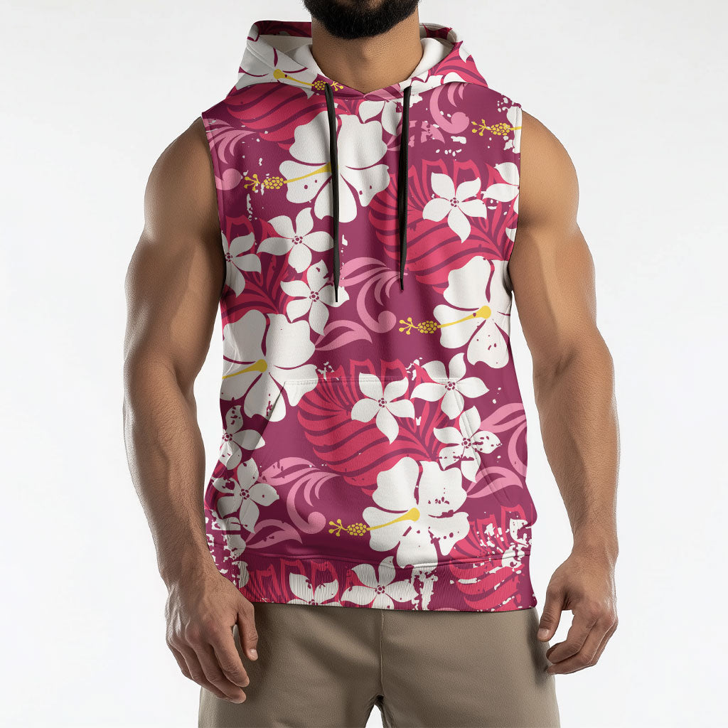 Pink Hawaiian Hibiscus Monstera Sleeveless Hoodie Grunge Stylized LT01 - Polynesian Pride