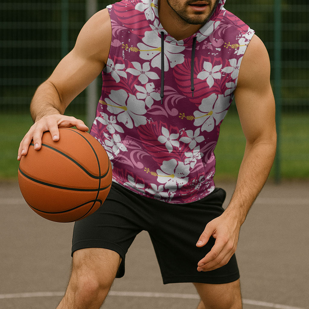 Pink Hawaiian Hibiscus Monstera Sleeveless Hoodie Grunge Stylized LT01 - Polynesian Pride