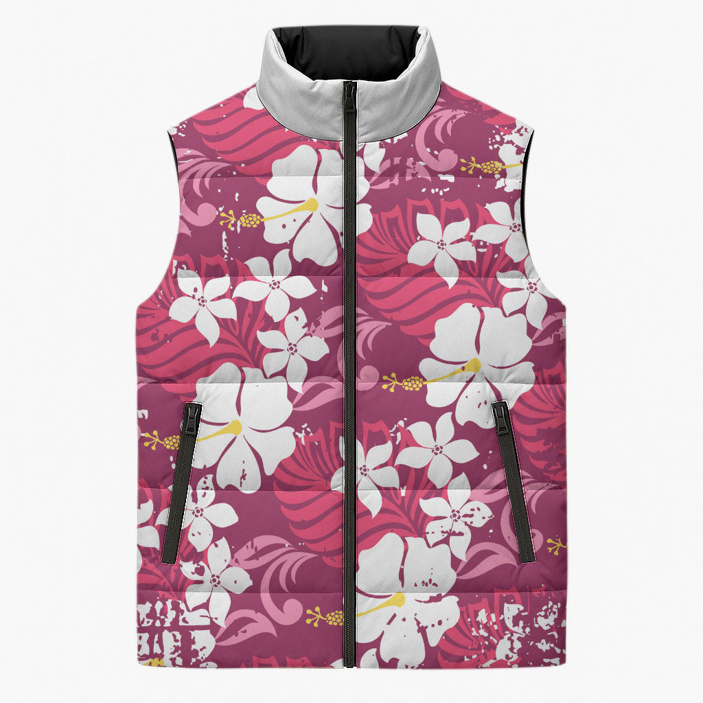 Pink Hawaiian Hibiscus Monstera Sleeveless Puffer Jacket Grunge Stylized LT01 Unisex Pink - Polynesian Pride