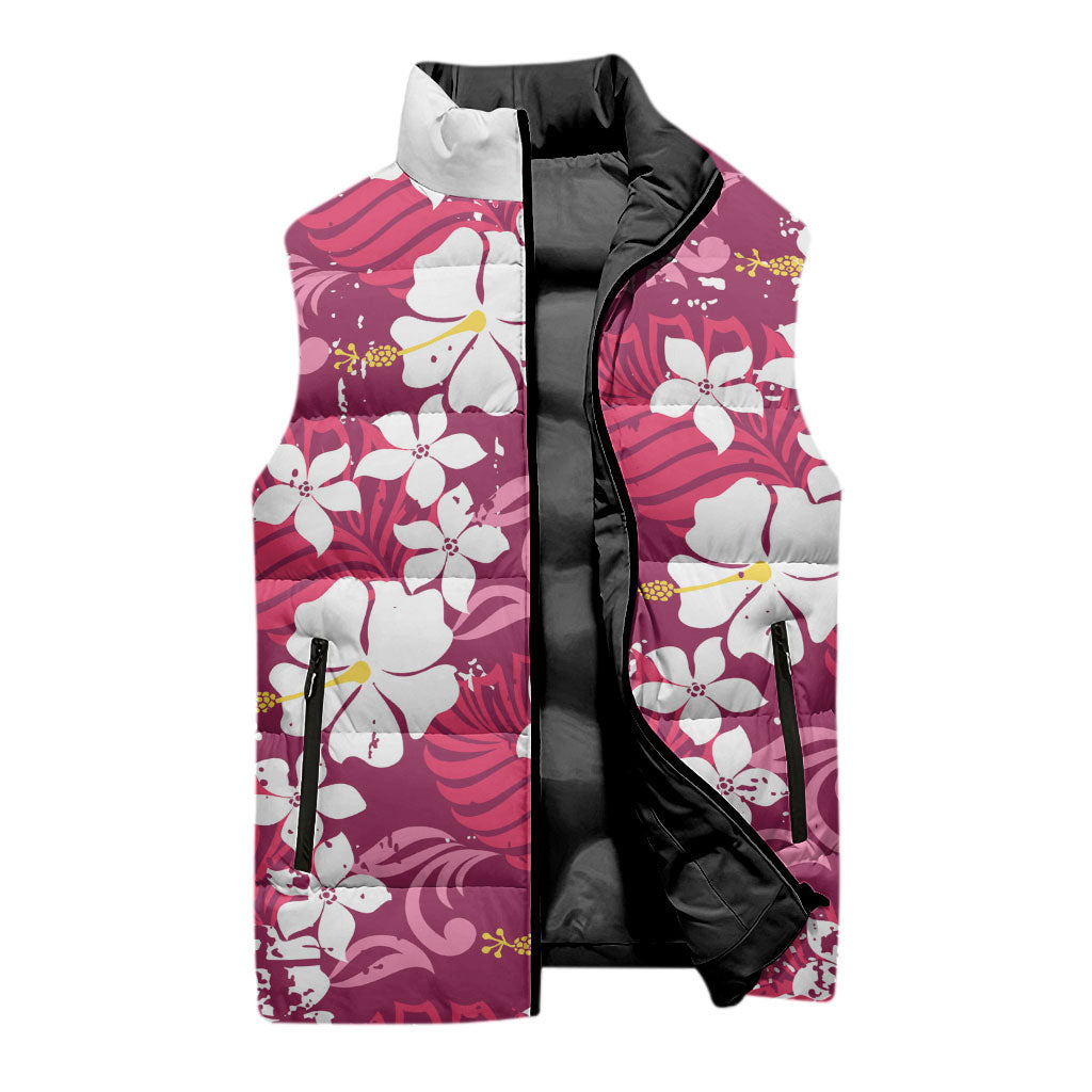 Pink Hawaiian Hibiscus Monstera Sleeveless Puffer Jacket Grunge Stylized