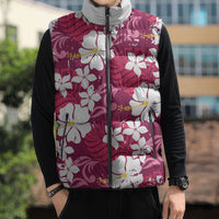 Pink Hawaiian Hibiscus Monstera Sleeveless Puffer Jacket Grunge Stylized