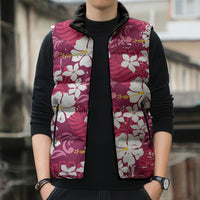 Pink Hawaiian Hibiscus Monstera Sleeveless Puffer Jacket Grunge Stylized