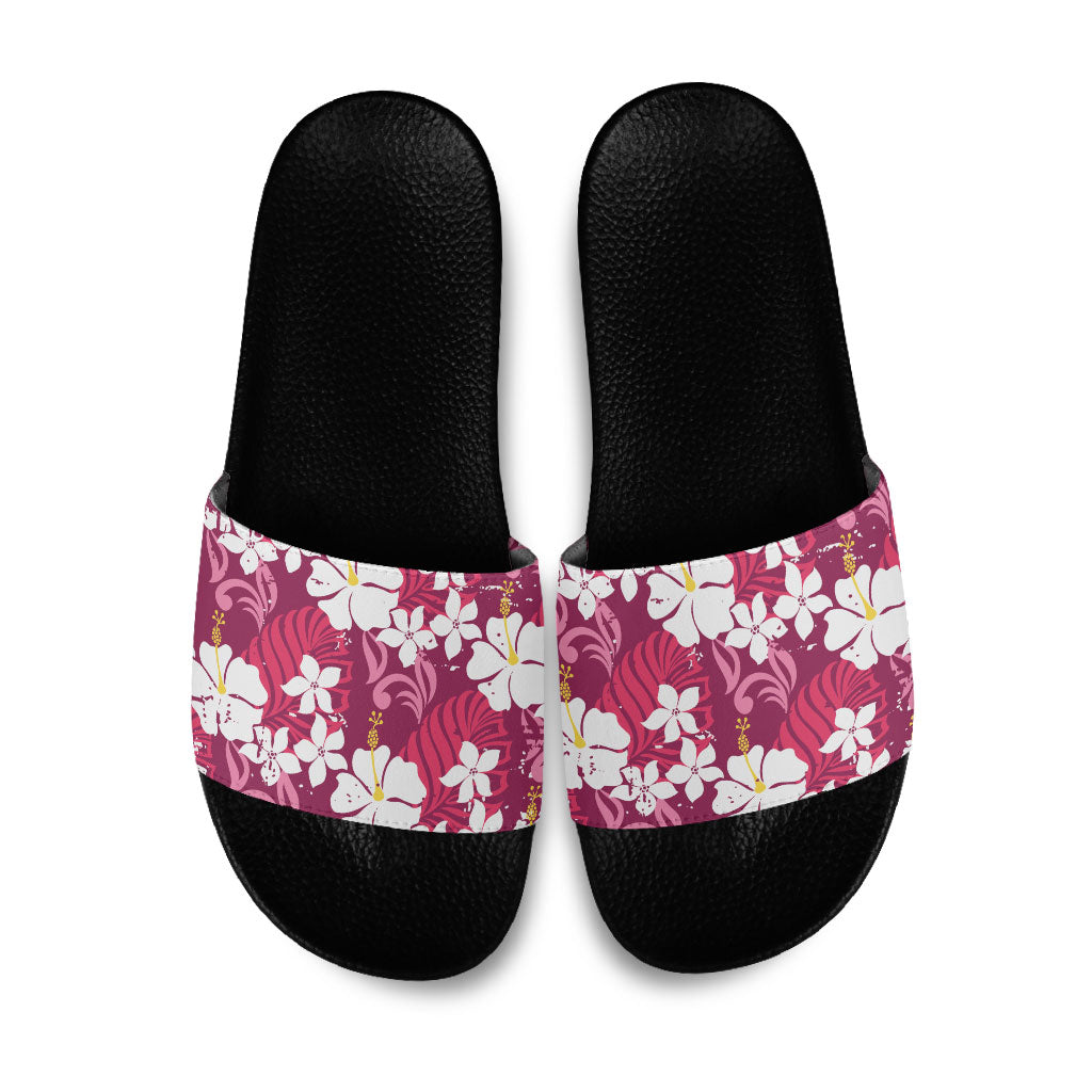 Pink Hawaiian Hibiscus Monstera Slide Sandals Grunge Stylized