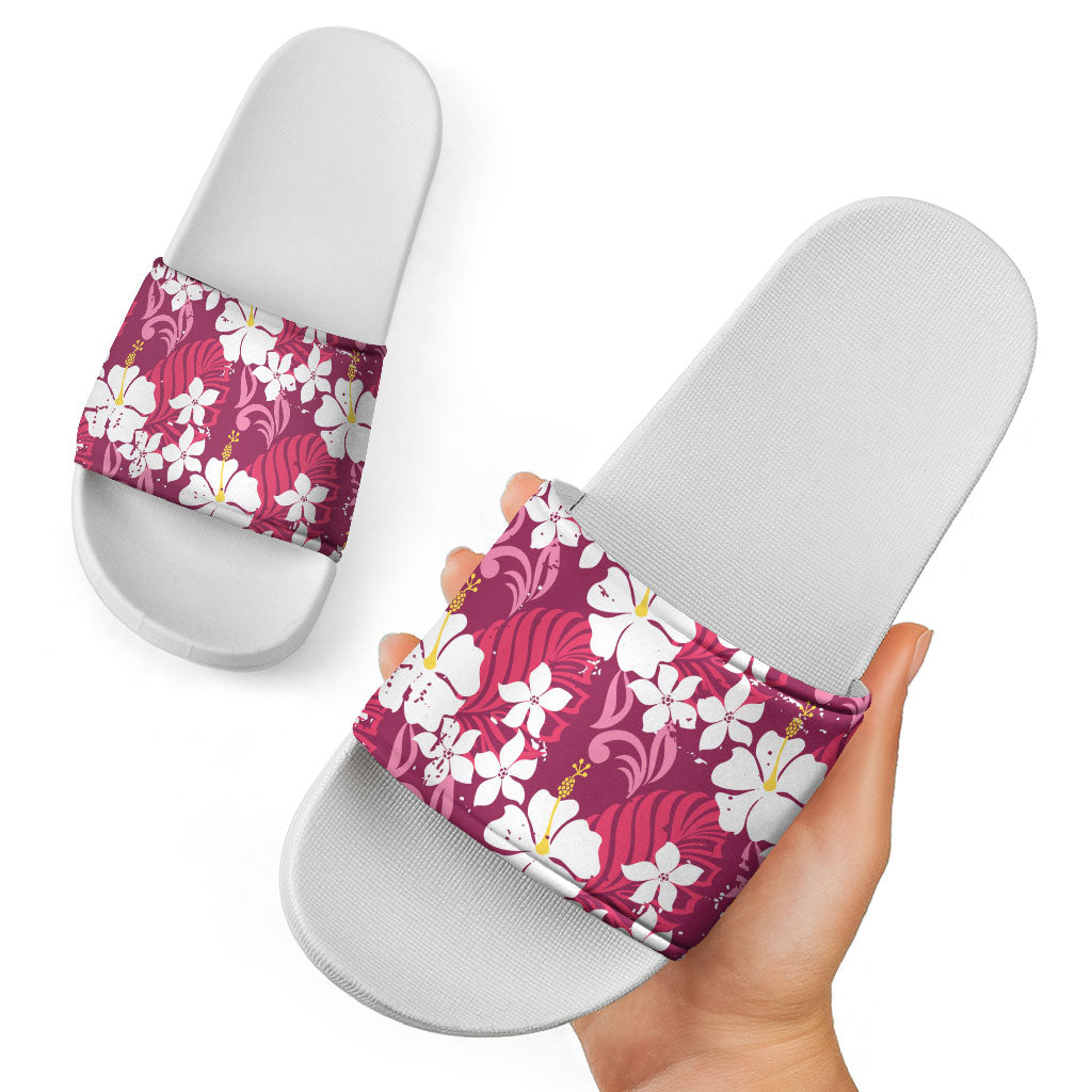 Pink Hawaiian Hibiscus Monstera Slide Sandals Grunge Stylized