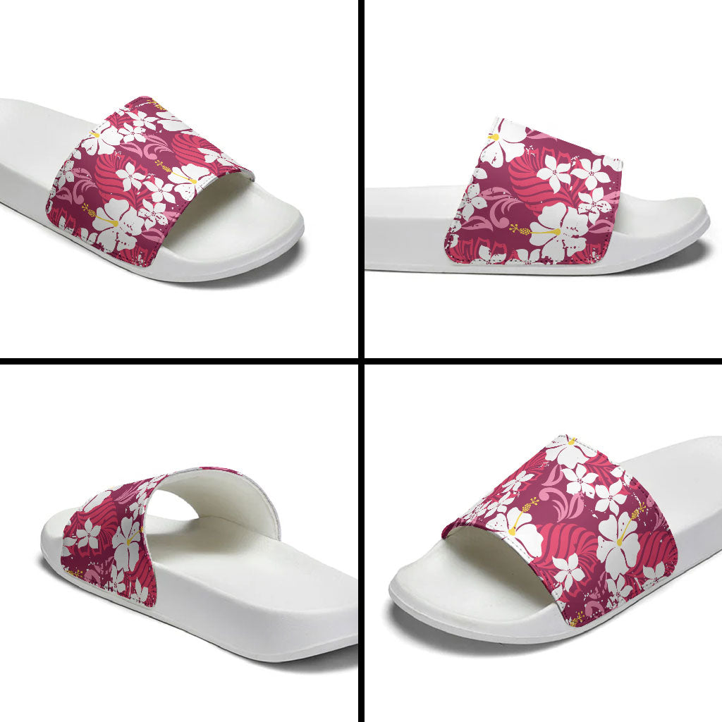 Pink Hawaiian Hibiscus Monstera Slide Sandals Grunge Stylized