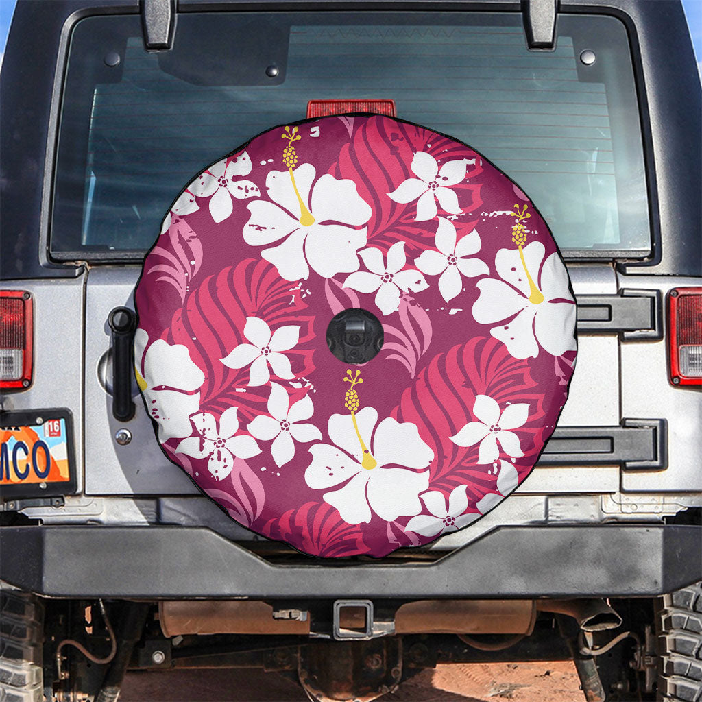Pink Hawaiian Hibiscus Monstera Spare Tire Cover Grunge Stylized LT01 Pink - Polynesian Pride