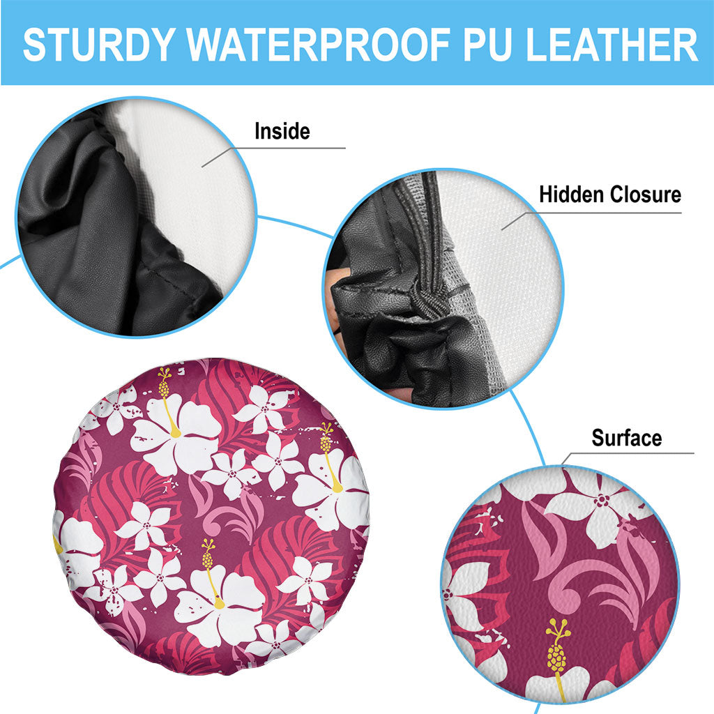 Pink Hawaiian Hibiscus Monstera Spare Tire Cover Grunge Stylized LT01 - Polynesian Pride