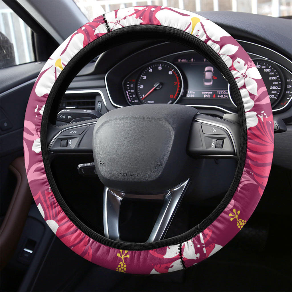 Pink Hawaiian Hibiscus Monstera Steering Wheel Cover Grunge Stylized LT01 - Polynesian Pride