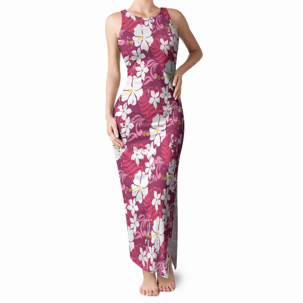 Pink Hawaiian Hibiscus Monstera Tank Maxi Dress Grunge Stylized LT01 Women Pink - Polynesian Pride