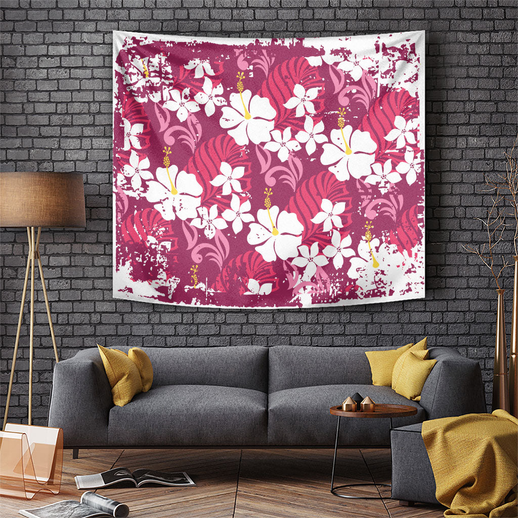 Pink Hawaiian Hibiscus Monstera Tapestry Grunge Stylized LT01 Pink - Polynesian Pride