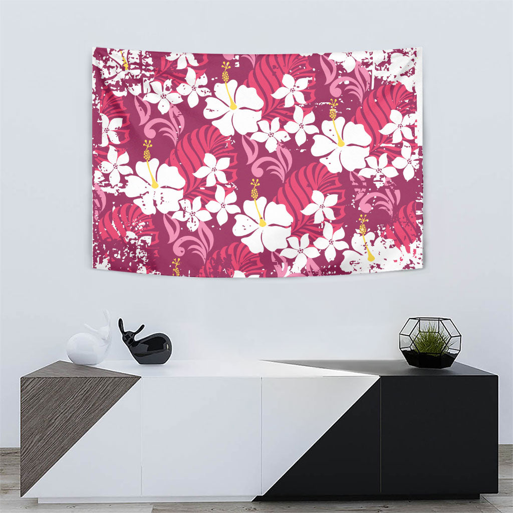 Pink Hawaiian Hibiscus Monstera Tapestry Grunge Stylized LT01 - Polynesian Pride