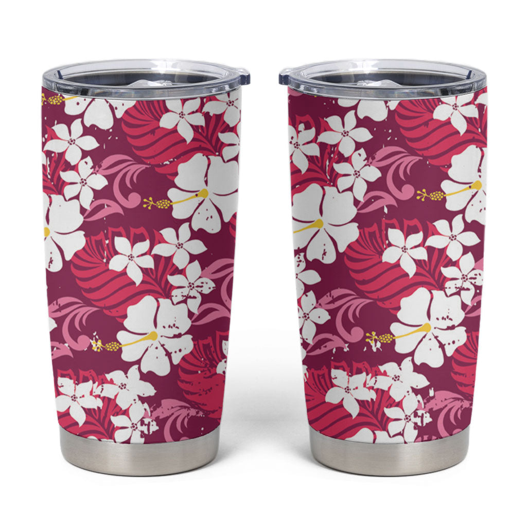 Pink Hawaiian Hibiscus Monstera Tumbler Cup Grunge Stylized LT01 Pink - Polynesian Pride