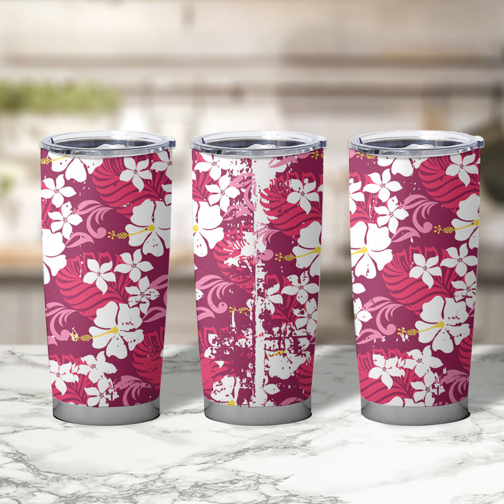Pink Hawaiian Hibiscus Monstera Tumbler Cup Grunge Stylized LT01 - Polynesian Pride