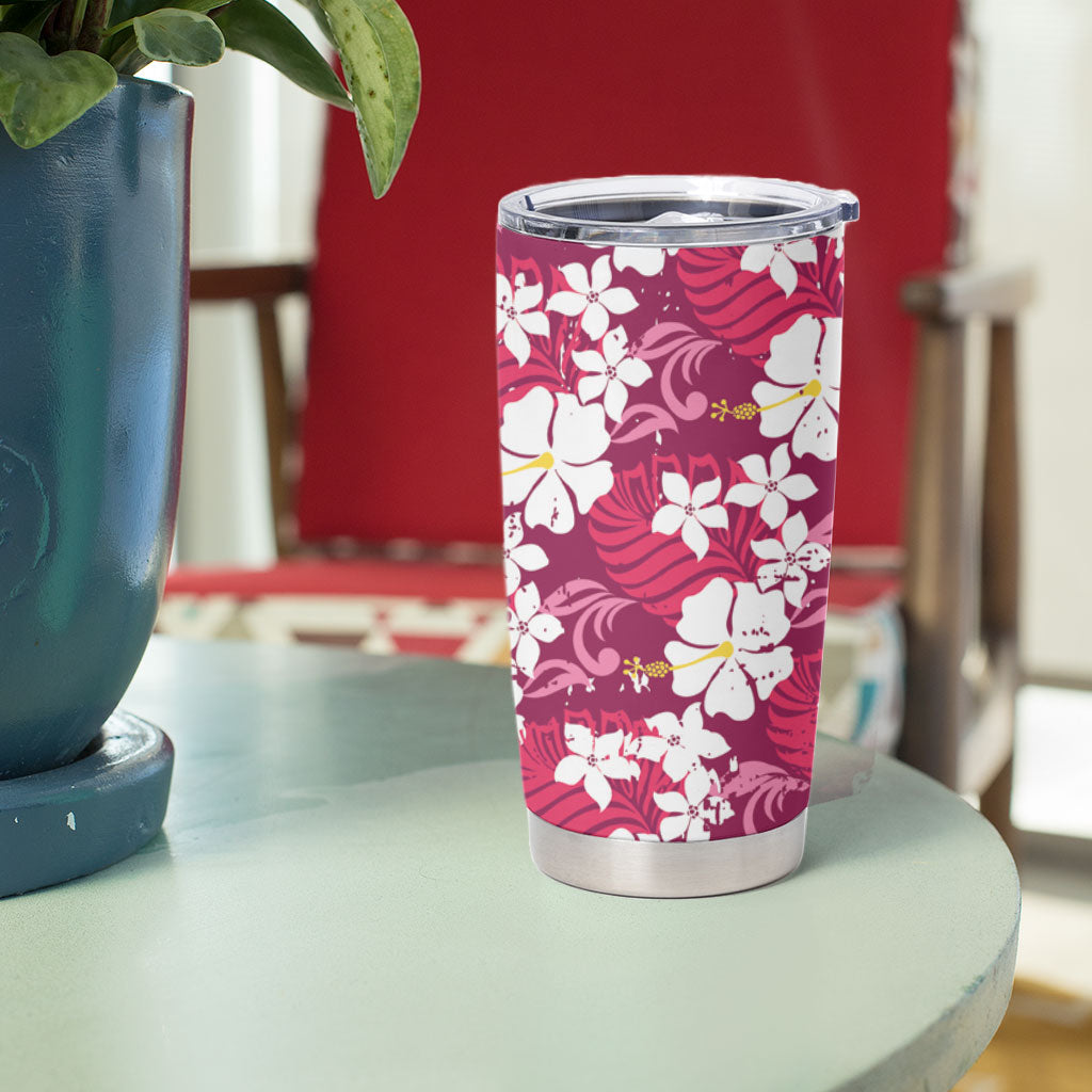 Pink Hawaiian Hibiscus Monstera Tumbler Cup Grunge Stylized LT01 - Polynesian Pride