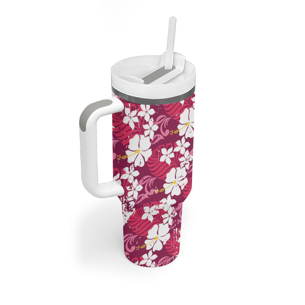 Pink Hawaiian Hibiscus Monstera Tumbler With Handle Grunge Stylized LT01 - Polynesian Pride