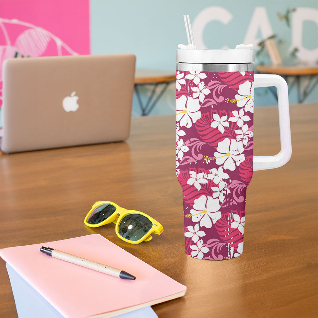 Pink Hawaiian Hibiscus Monstera Tumbler With Handle Grunge Stylized LT01 - Polynesian Pride