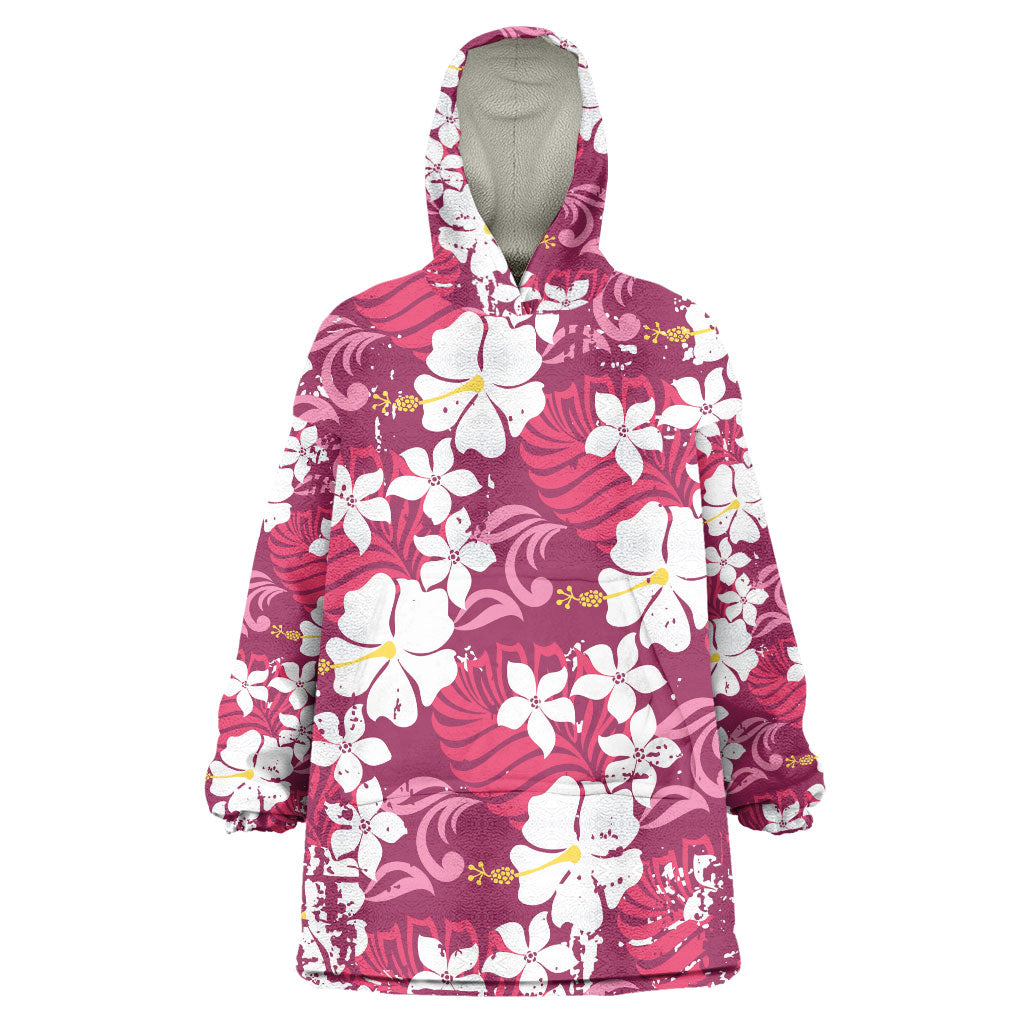 Pink Hawaiian Hibiscus Monstera Wearable Blanket Hoodie Grunge Stylized LT01 One Size Pink - Polynesian Pride